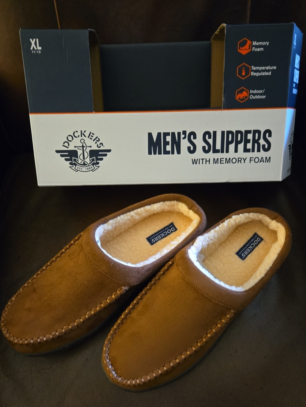 Dockers Dark Tan Faux-Suede Slip-On Memory Foam Slippers Indoor Outdoor XL 11-12